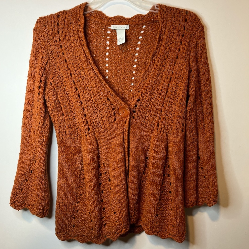 Tweeds woman’s orange wool blend cardigan sweater (size medium).